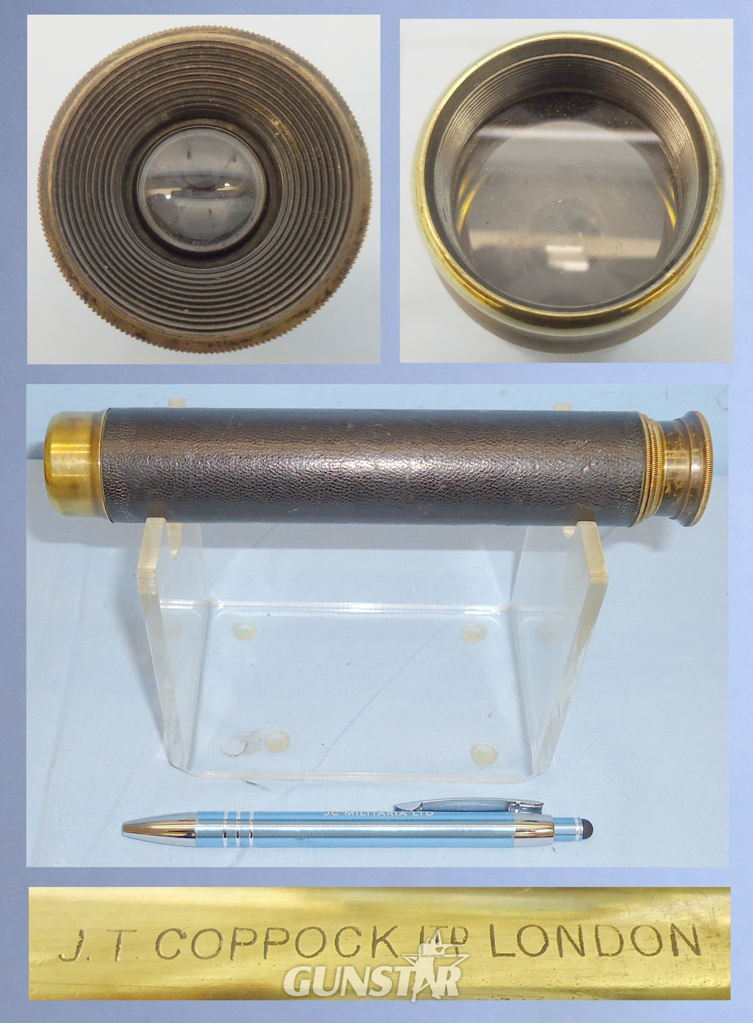 Post WWII Era Three-pull brass Pocket Telescope by J T Coppock Ltd London with a Pigskin Cover. OPT 853. Post WWII Era Three-pull brass Pocket Telescope by J T Coppock Ltd London with a Pigskin Cover. OPT 853.  Sight & Optic