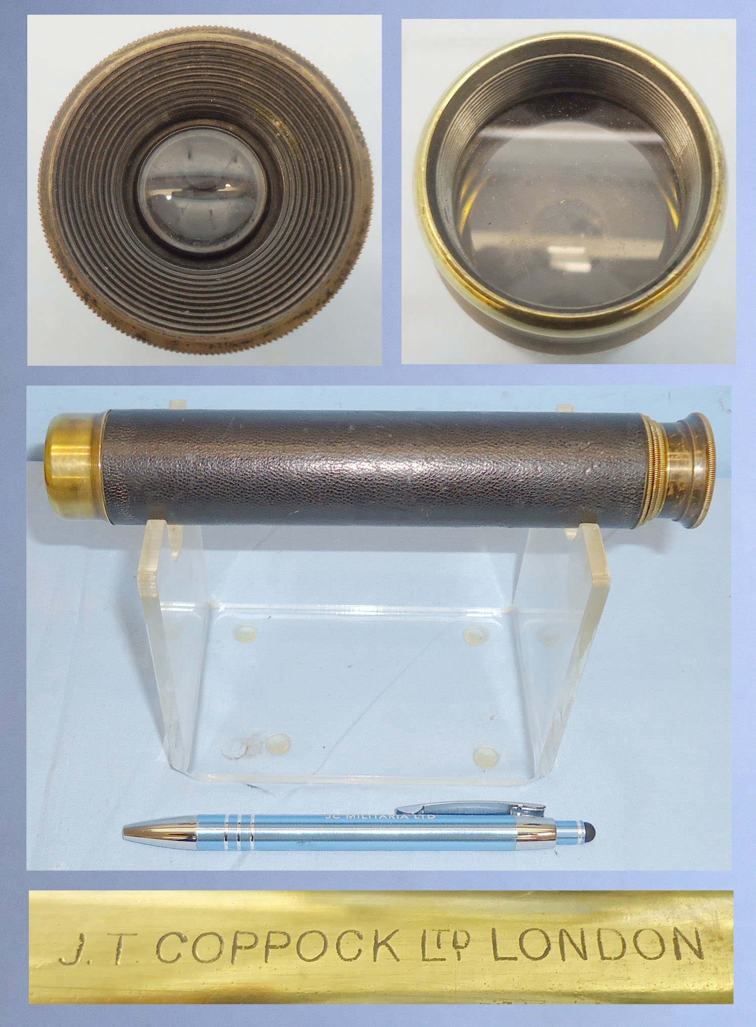 Post WWII Era Three-pull brass Pocket Telescope by J T Coppock Ltd London with a Pigskin Cover. OPT 853. Post WWII Era Three-pull brass Pocket Telescope by J T Coppock Ltd London with a Pigskin Cover. OPT 853.  Sight & Optic