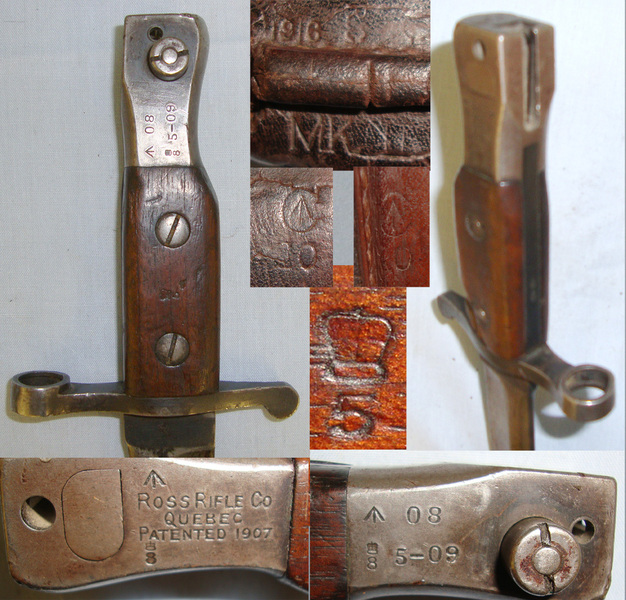 VERY EARLY**1908 & 1909 Dated Canadian Ross Rifle Company MK1 Bayonet & WW1 1916 MKII Leather Scabbard With Integral Frog Bayonet