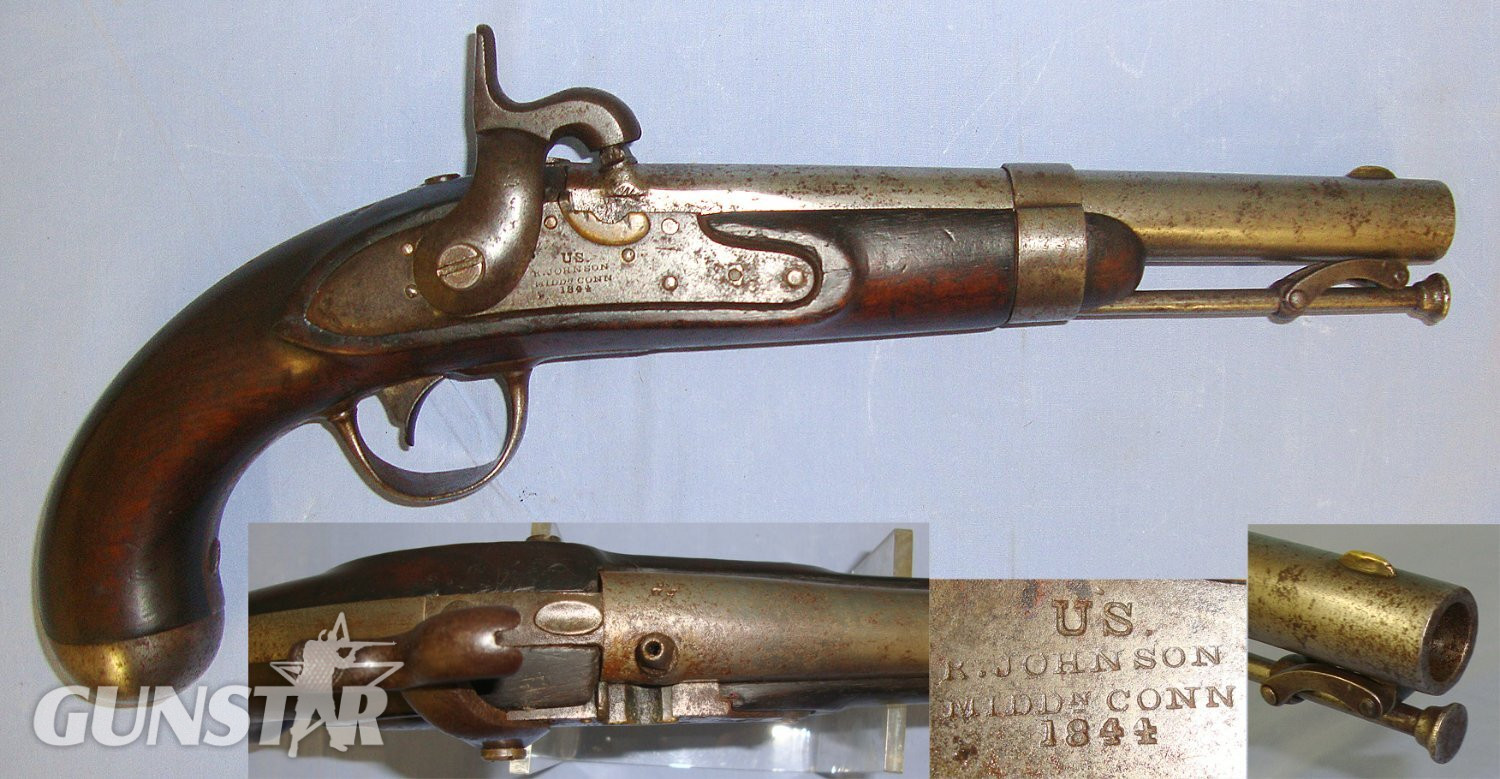 RARE**1844 Dated American Mexican War & Civil War Era Robert Johnson Connecticut U.S Army Model 1836 28 Bore Percussion Pistol Period Converted From Flintlock  With Captive Iron Ram Rod. Sn 23135 None Muzzleloader in 