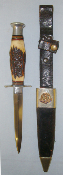 WW2 British Soldier’s Private Purchase W.H Fagan & Son Sheffield Fairbairn Sykes F.S. Style Fighting Knife/Dagger & Period Adapted Victorian Scabbard Mounted With Middlesex Regiment Brass & Enamel Badge. Dagger in 