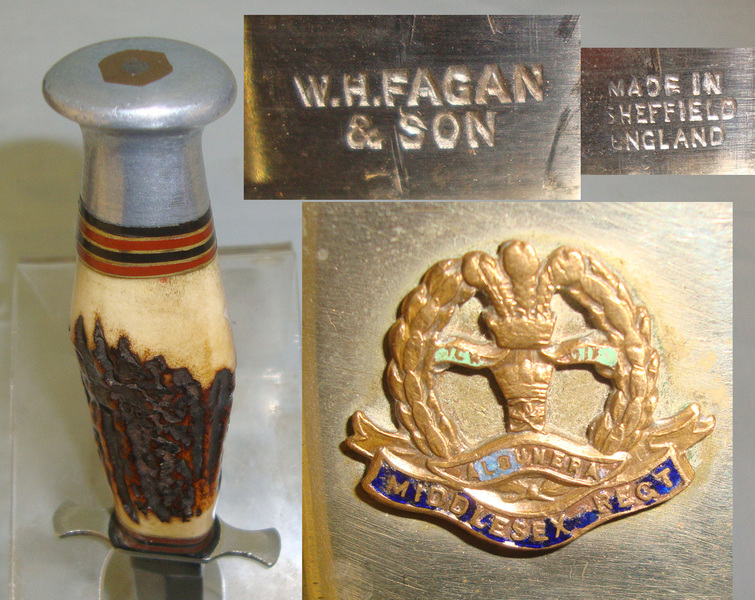 WW2 British Soldier’s Private Purchase W.H Fagan & Son Sheffield Fairbairn Sykes F.S. Style Fighting Knife/Dagger & Period Adapted Victorian Scabbard Mounted With Middlesex Regiment Brass & Enamel Badge. Dagger