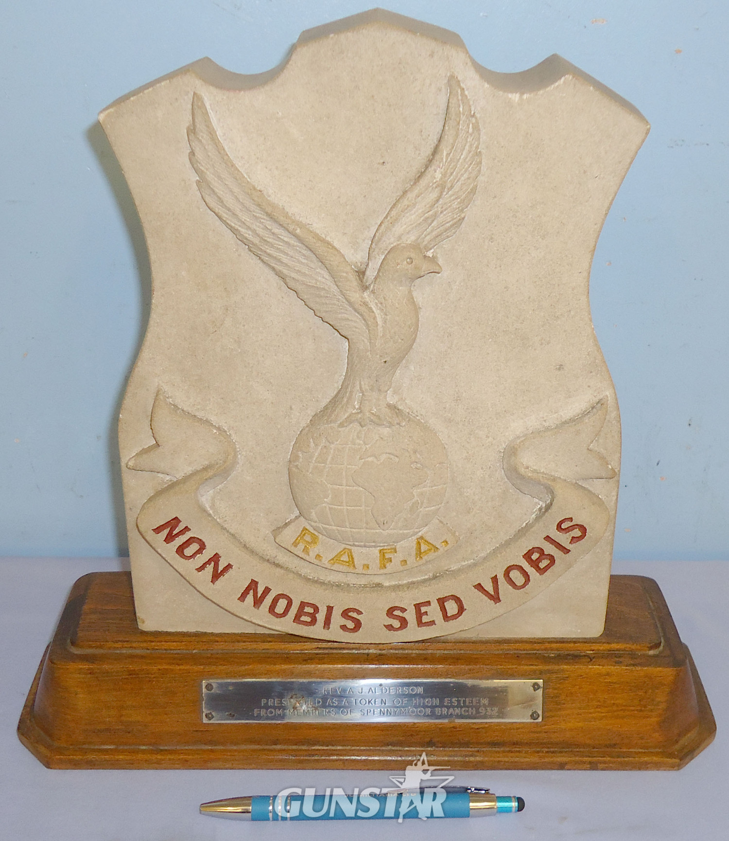 R.A.F.A. Portland Stone Mounted Presentation Piece Inscribed ‘Non Nobis Sed Vobis’ to Rev. A.J.Alderson. 21159. R.A.F.A. Portland Stone Mounted Presentation Piece Inscribed ‘Non Nobis Sed Vobis’ to Rev. A.J.Alderson. 21159. Other Accessory in 