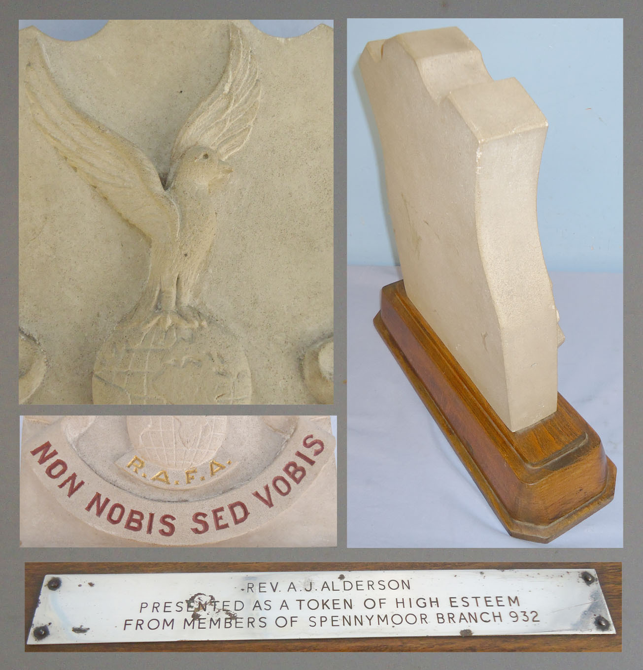 R.A.F.A. Portland Stone Mounted Presentation Piece Inscribed ‘Non Nobis Sed Vobis’ to Rev. A.J.Alderson. 21159. R.A.F.A. Portland Stone Mounted Presentation Piece Inscribed ‘Non Nobis Sed Vobis’ to Rev. A.J.Alderson. 21159. Other Accessory