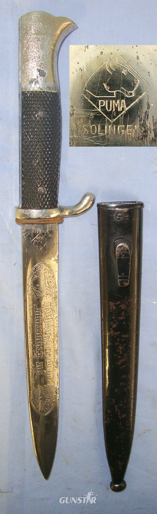 WW2 Era Nazi German Puma Solingen Wehrmacht Armed Forces & Police Units M98 NCO’s Short Dress Bayonet With ‘In Memory Of My War Service’ Etched Panel Blade & Scabbard. Sn 22775 Bayonet in 
