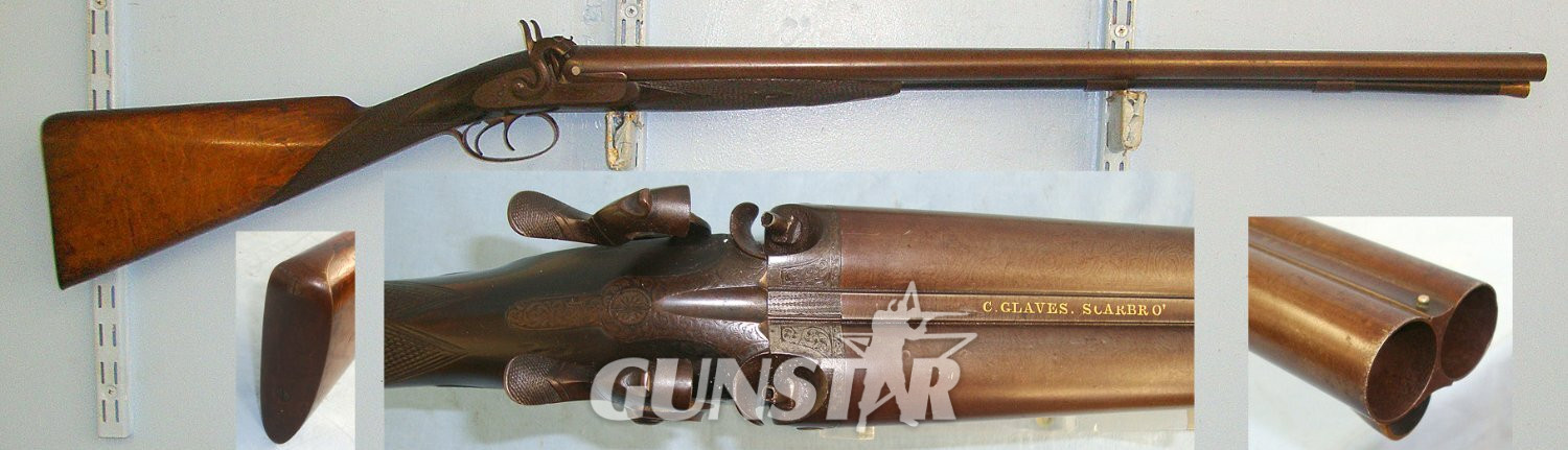 Victorian C1866 English C. Glaves Scarbro’ (Scarborough Yorkshire) 10 Bore Double Damascus Barrelled Muzzle Loading Percussion Sporting Shotgun. Sn 23411 percussion shotgun Side By Side 10 Bore/gauge in 