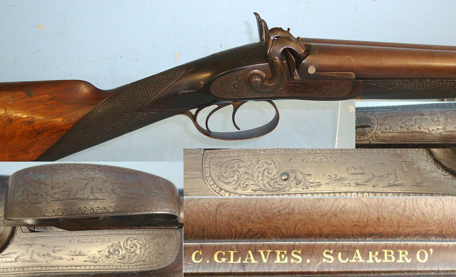 Victorian C1866 English C. Glaves Scarbro’ (Scarborough Yorkshire) 10 Bore Double Damascus Barrelled Muzzle Loading Percussion Sporting Shotgun. Sn 23411 percussion shotgun Side By Side 10 Bore/gauge