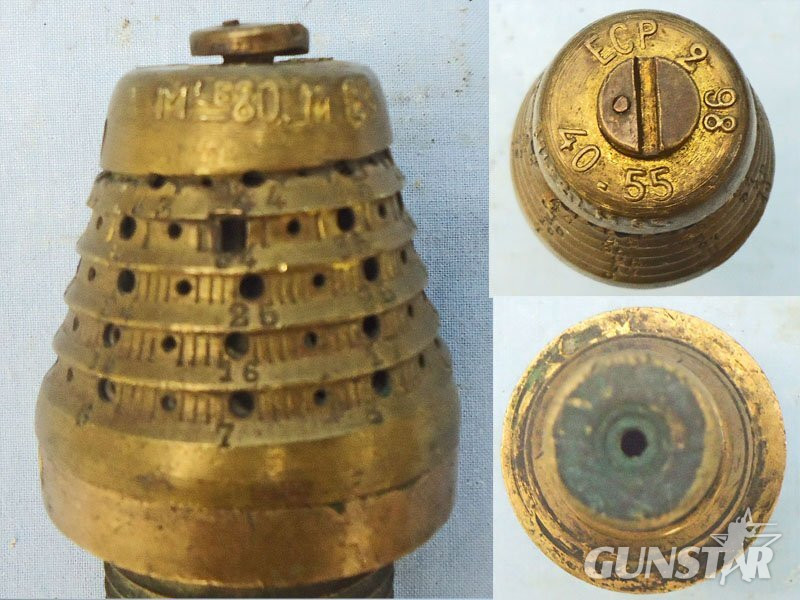 DEACTIVATED INERT. French, WW1, Model 40-55 Mle 1880 Time & Percussion Nose Fuze for the 155 and 105mm Guns. - O 2175 DEACTIVATED INERT. French, WW1, Model 40-55 Mle 1880 Time & Percussion Nose Fuze for the 155 and 105mm Guns. - O 2175  Other Ammunition