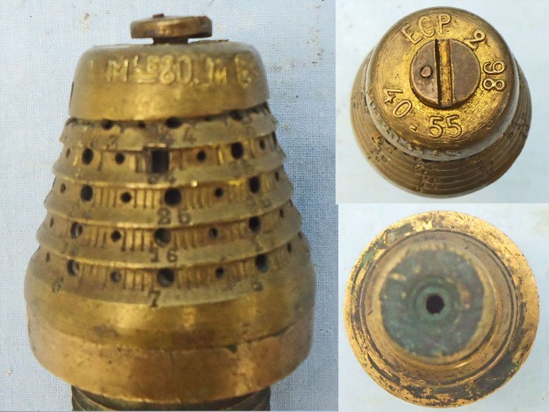 DEACTIVATED INERT. French, WW1, Model 40-55 Mle 1880 Time & Percussion Nose Fuze for the 155 and 105mm Guns. - O 2175 DEACTIVATED INERT. French, WW1, Model 40-55 Mle 1880 Time & Percussion Nose Fuze for the 155 and 105mm Guns. - O 2175  Other Ammunition