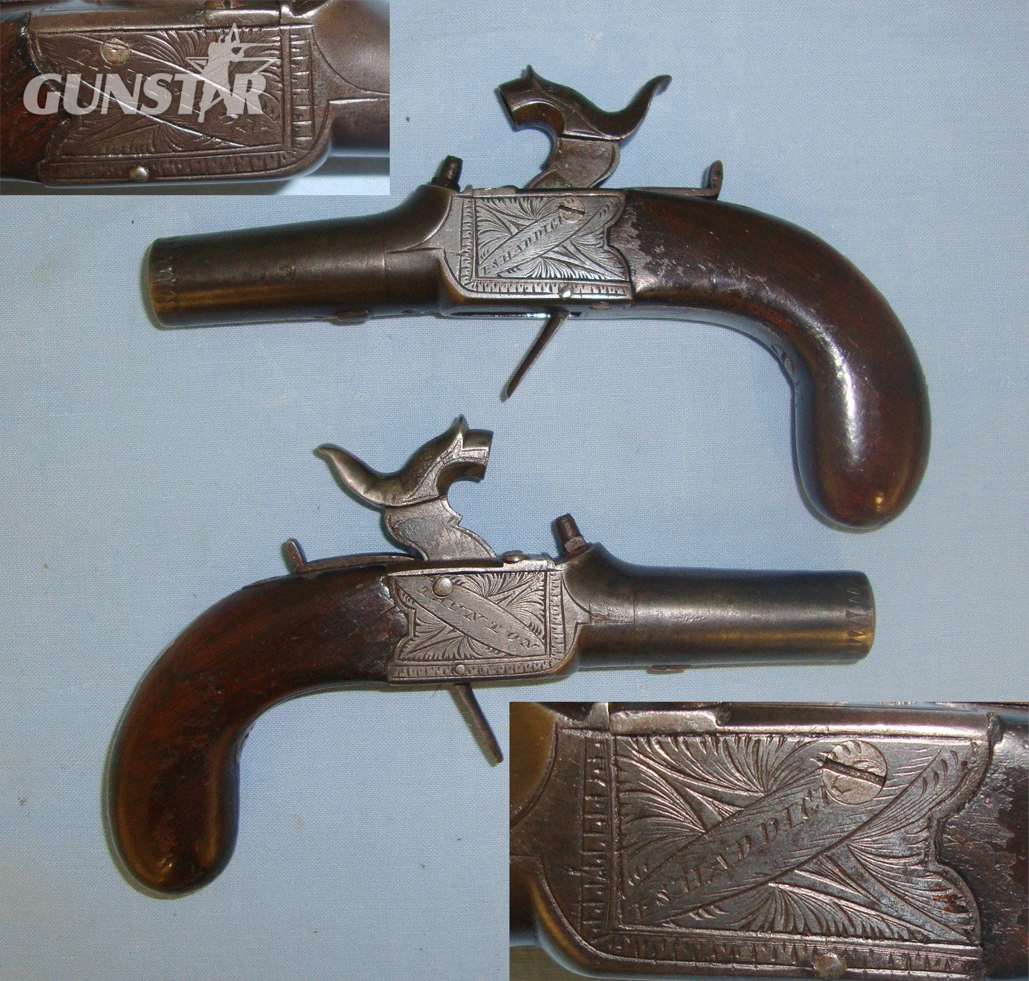 E. Shaddick Pair Of 54 Bore Boxlock Percussion Pocket Pistols With Screw Off Barrels & Folding Concealed Triggers. Sn 21393:58 .54 Cal Muzzleloader Muzzleloader