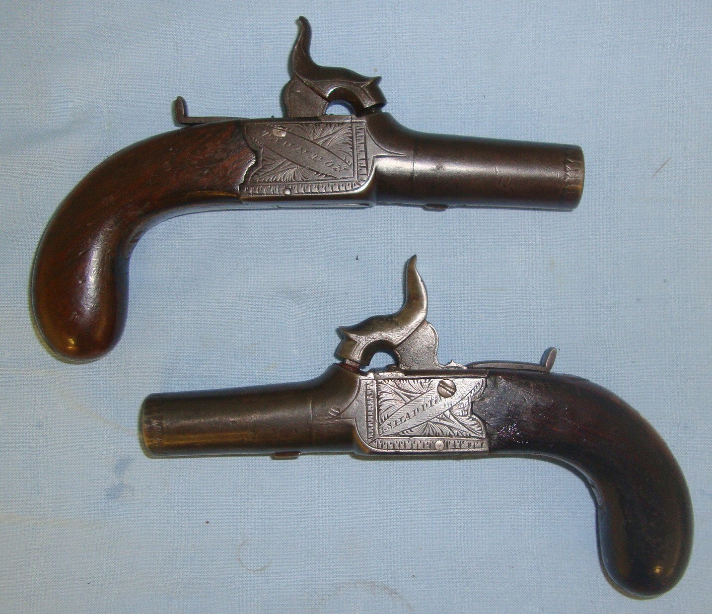  E. Shaddick Pair Of 54 Bore Boxlock Percussion Pocket Pistols With Screw Off Barrels & Folding Concealed Triggers. Sn 21393:58 .54 Cal Muzzleloader Muzzleloader