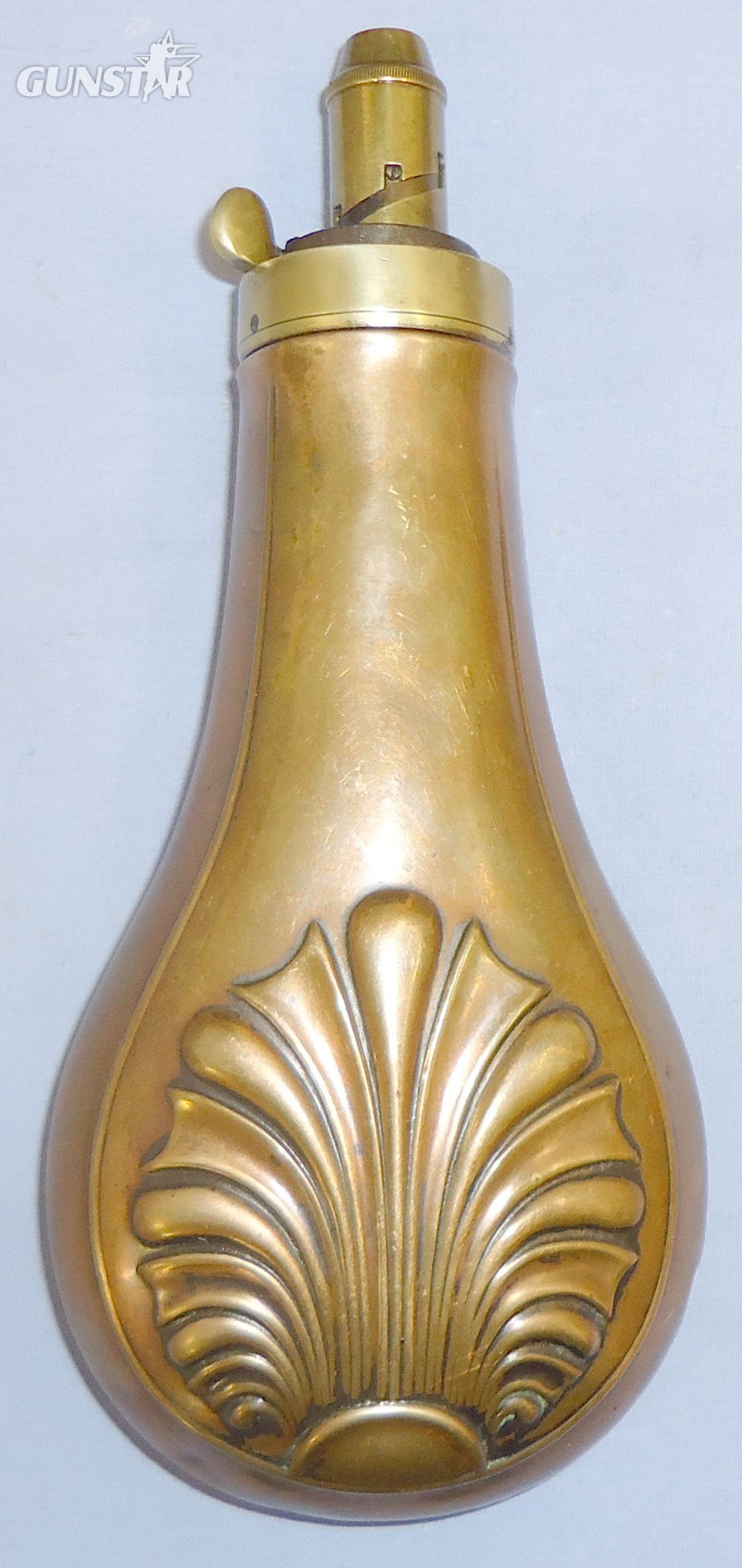 Late 1800’s Gun Size Embossed Shell Design Copper Black Powder Flask with Graduated, Sprung Brass Nozzle Charger. 22490:2. Late 1800’s Gun Size Embossed Shell Design Copper Black Powder Flask with Graduated, Sprung Brass Nozzle Charger. 22490:2.  Other Ammunition in 