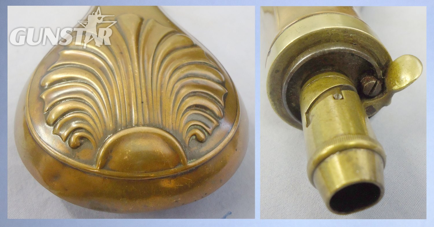 Late 1800’s Gun Size Embossed Shell Design Copper Black Powder Flask with Graduated, Sprung Brass Nozzle Charger. 22490:2. Late 1800’s Gun Size Embossed Shell Design Copper Black Powder Flask with Graduated, Sprung Brass Nozzle Charger. 22490:2.  Other Ammunition