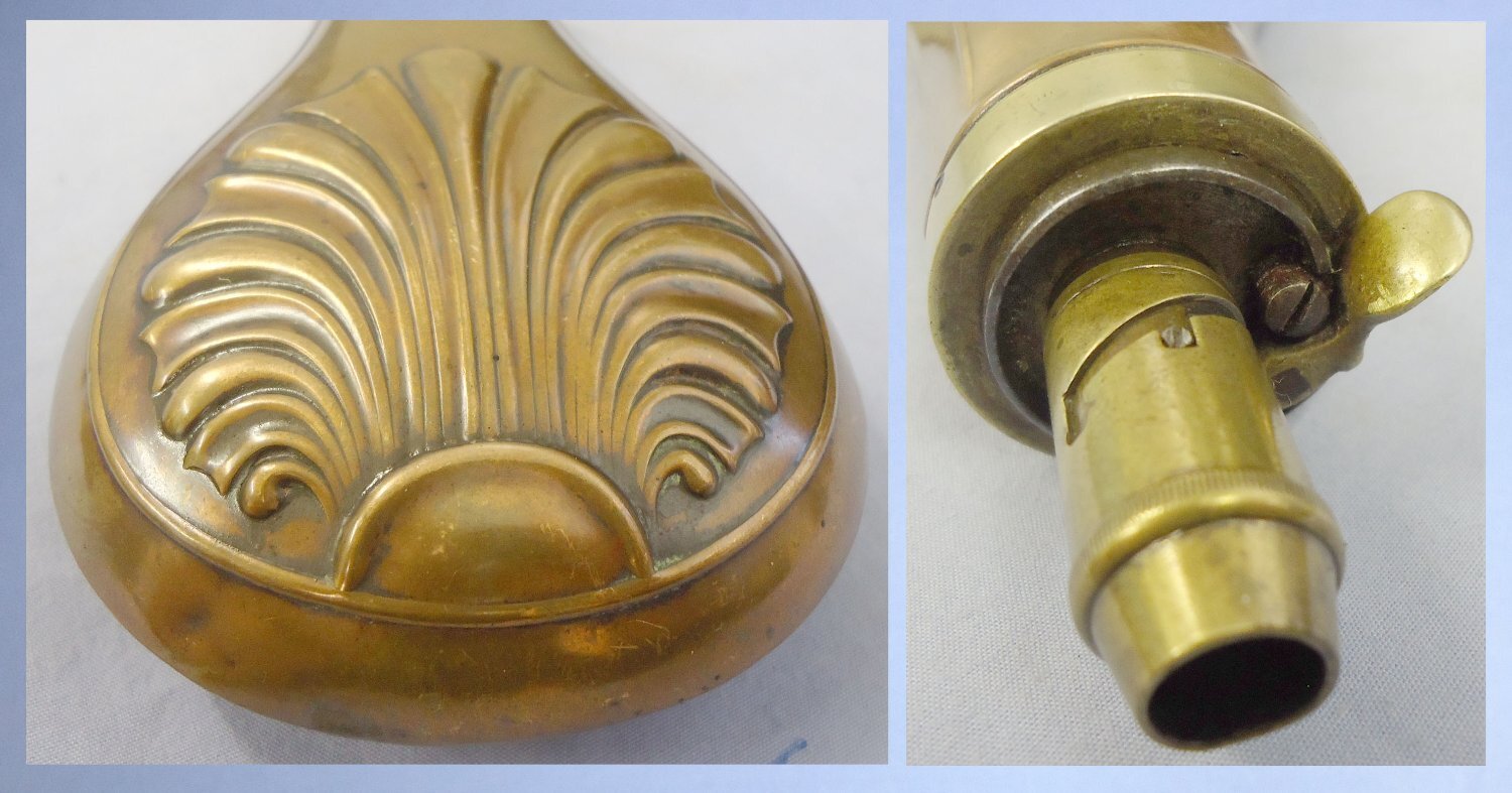 Late 1800’s Gun Size Embossed Shell Design Copper Black Powder Flask with Graduated, Sprung Brass Nozzle Charger. 22490:2. Late 1800’s Gun Size Embossed Shell Design Copper Black Powder Flask with Graduated, Sprung Brass Nozzle Charger. 22490:2.  Other Ammunition