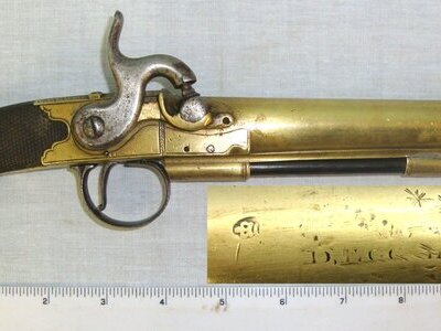 QUALITY MAKER**C1800 Durs Egg London Large Brass Frame & Barrel .650 Carbine Calibre Traveling / Coaching Pistol Period Nipple & Drum Converted From Flintlock To Percussion. Sn 22486 .65 Muzzleloader