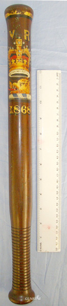 1868 Victorian British Lignum Vitae Tropical Hard Wood Baluster Tipstaff / Truncheon With Hand Painted Decoration Crown V.R. (Victoria Regina) Royal Cypher & Boar’s Head Arms & Initials ‘AH’  Antique & Militaria in 