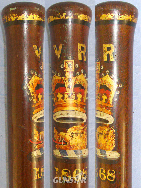 1868 Victorian British Lignum Vitae Tropical Hard Wood Baluster Tipstaff / Truncheon With Hand Painted Decoration Crown V.R. (Victoria Regina) Royal Cypher & Boar’s Head Arms & Initials ‘AH’  Antique & Militaria