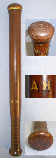  1868 Victorian British Lignum Vitae Tropical Hard Wood Baluster Tipstaff / Truncheon With Hand Painted Decoration Crown V.R. (Victoria Regina) Royal Cypher & Boar’s Head Arms & Initials ‘AH’  Antique & Militaria