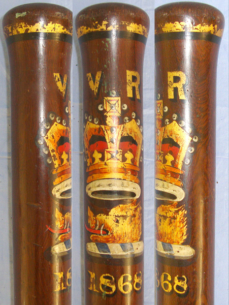 1868 Victorian British Lignum Vitae Tropical Hard Wood Baluster Tipstaff / Truncheon With Hand Painted Decoration Crown V.R. (Victoria Regina) Royal Cypher & Boar’s Head Arms & Initials ‘AH’  Antique & Militaria