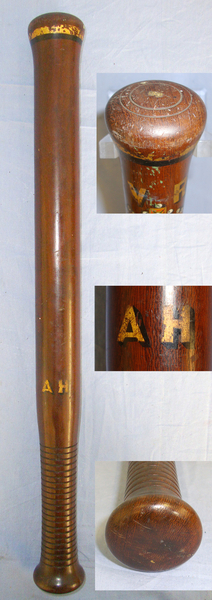  1868 Victorian British Lignum Vitae Tropical Hard Wood Baluster Tipstaff / Truncheon With Hand Painted Decoration Crown V.R. (Victoria Regina) Royal Cypher & Boar’s Head Arms & Initials ‘AH’  Antique & Militaria