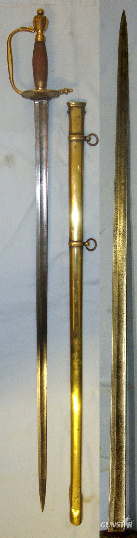 NAPOLEONIC WARS ERA**EARLY VARIANT RIGID GUARD**British John Salter London (Maker To Lord Admiral Horatio Nelson) 1796 Pattern Royal Marine’s Officers Sword With Blue & Gilt Etched Heraldic Arms Fighting Blade & Period Brass Naval Pattern Scabbard. ED 2 Sword in 