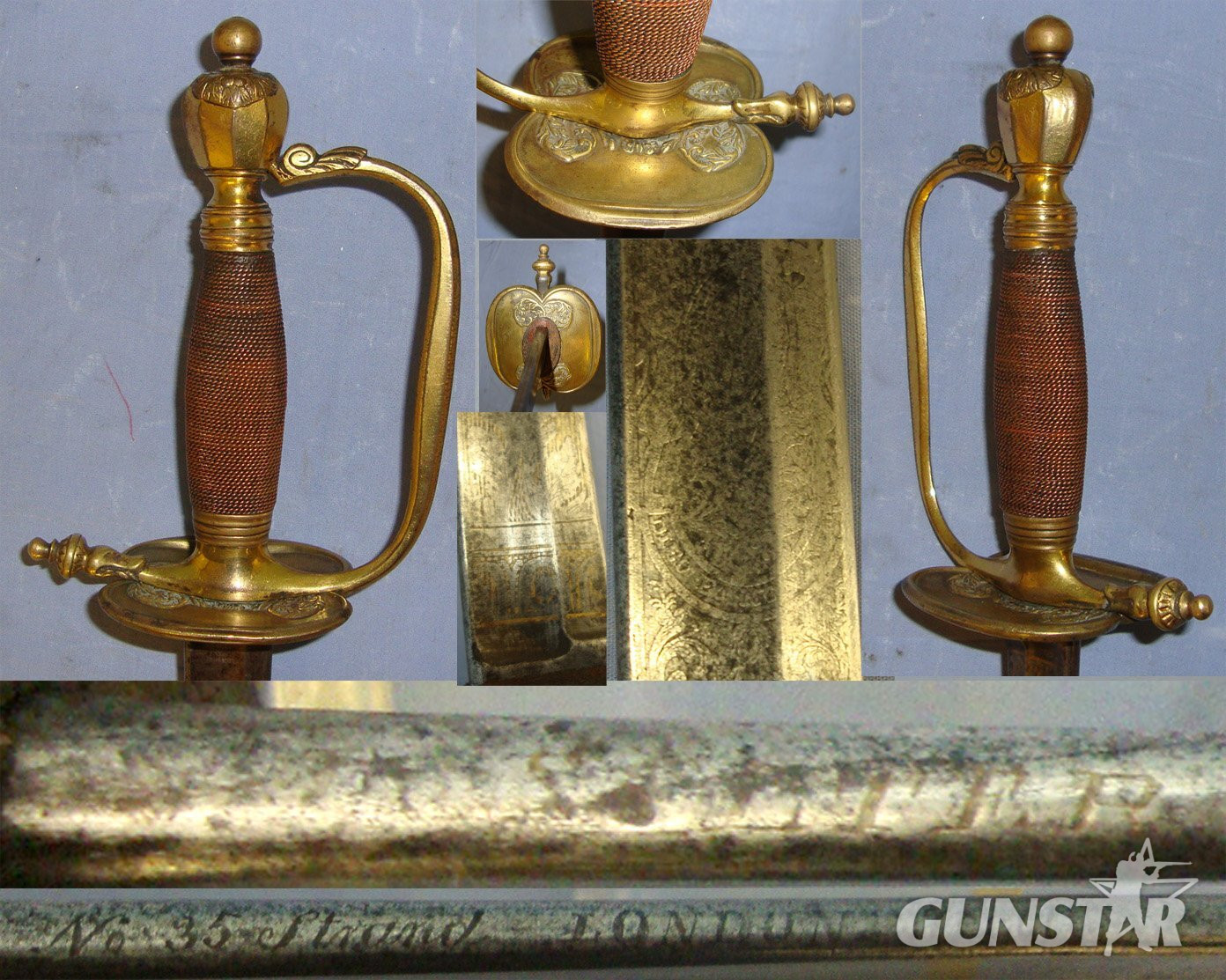 NAPOLEONIC WARS ERA**EARLY VARIANT RIGID GUARD**British John Salter London (Maker To Lord Admiral Horatio Nelson) 1796 Pattern Royal Marine’s Officers Sword With Blue & Gilt Etched Heraldic Arms Fighting Blade & Period Brass Naval Pattern Scabbard. ED 2 Sword