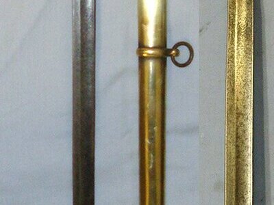 NAPOLEONIC WARS ERA**EARLY VARIANT RIGID GUARD**British John Salter London (Maker To Lord Admiral Horatio Nelson) 1796 Pattern Royal Marine’s Officers Sword With Blue & Gilt Etched Heraldic Arms Fighting Blade & Period Brass Naval Pattern Scabbard. ED 2 Sword