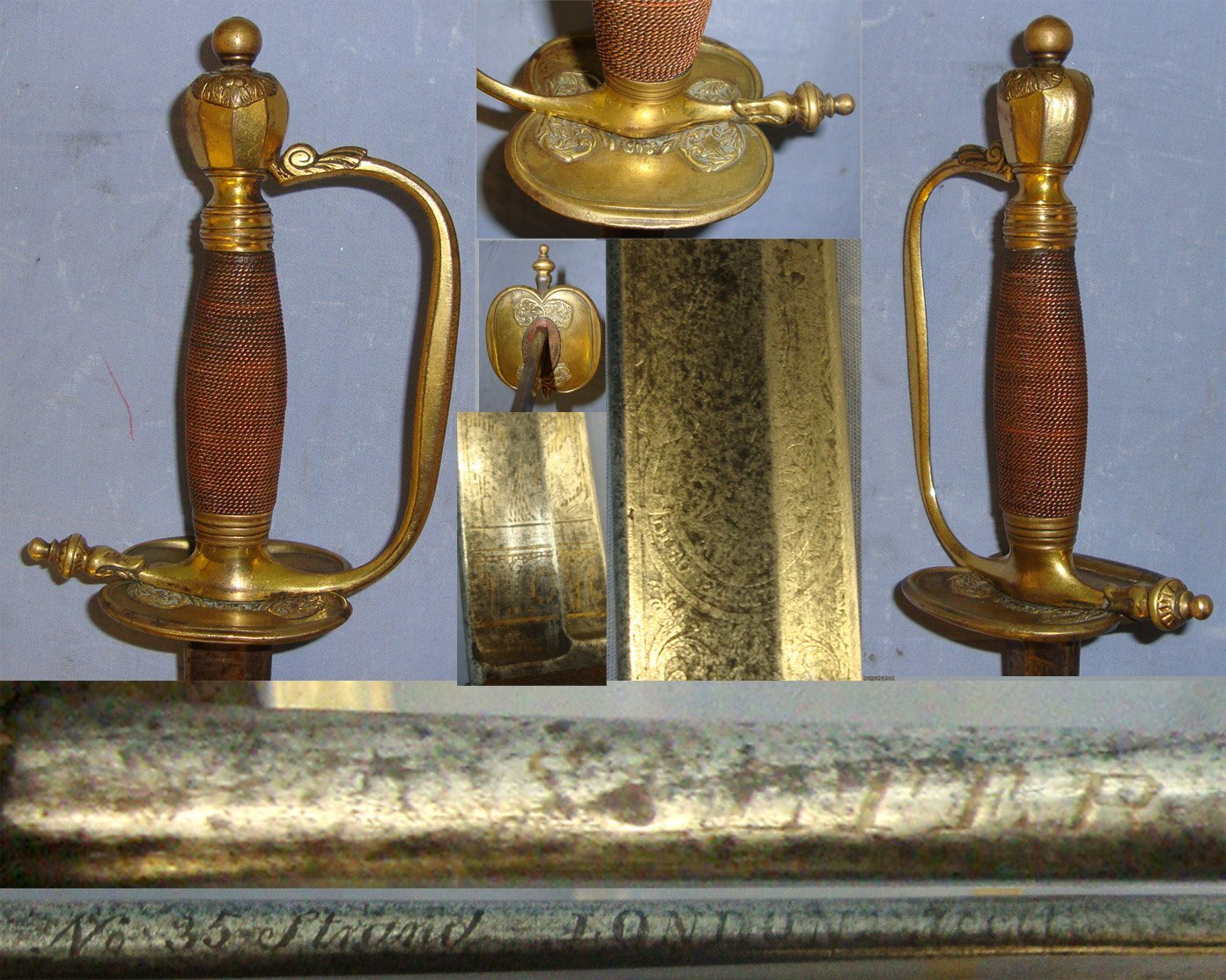 NAPOLEONIC WARS ERA**EARLY VARIANT RIGID GUARD**British John Salter London (Maker To Lord Admiral Horatio Nelson) 1796 Pattern Royal Marine’s Officers Sword With Blue & Gilt Etched Heraldic Arms Fighting Blade & Period Brass Naval Pattern Scabbard. ED 2 Sword