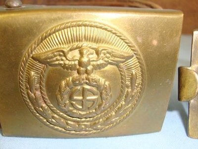 1st Type Nazi SA Brass Buckle & Period Brown Leather Belt With Brass Belt Hook. Sn - 15390:14 1st Type Nazi SA Brass Buckle & Period Brown Leather Belt With Brass Belt Hook. Sn - 15390:14 Antique & Militaria