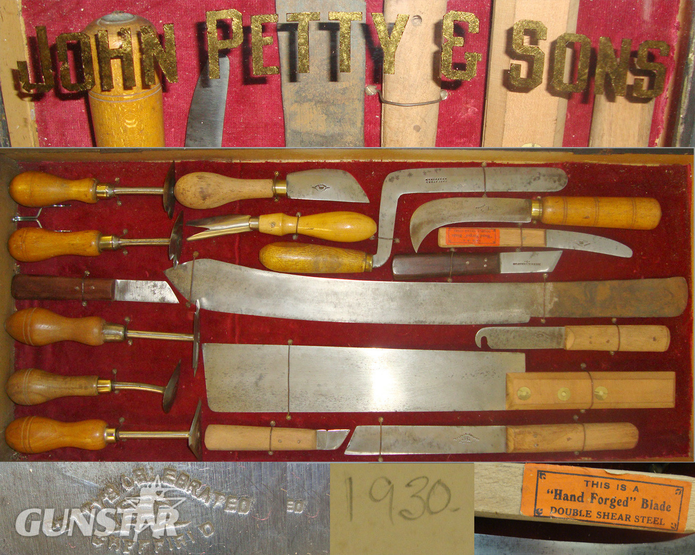 C1930’s Cased Iron Mongers / Cutlers Shop Window Display Of Various Knives & Tools For John Petty & Sons Sheffield With Original Illustrated John Petty & Sons Incorporating William Gregory & Sons, Joseph Mills, Trade Catalogue & Argyle Trade Leaflet. Knive