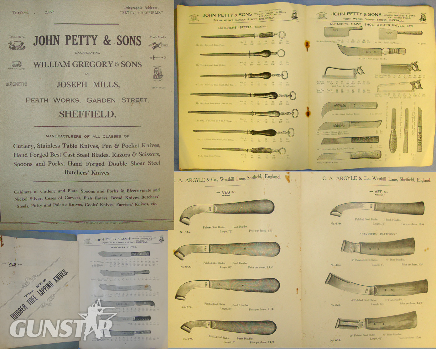  C1930’s Cased Iron Mongers / Cutlers Shop Window Display Of Various Knives & Tools For John Petty & Sons Sheffield With Original Illustrated John Petty & Sons Incorporating William Gregory & Sons, Joseph Mills, Trade Catalogue & Argyle Trade Leaflet. Knive