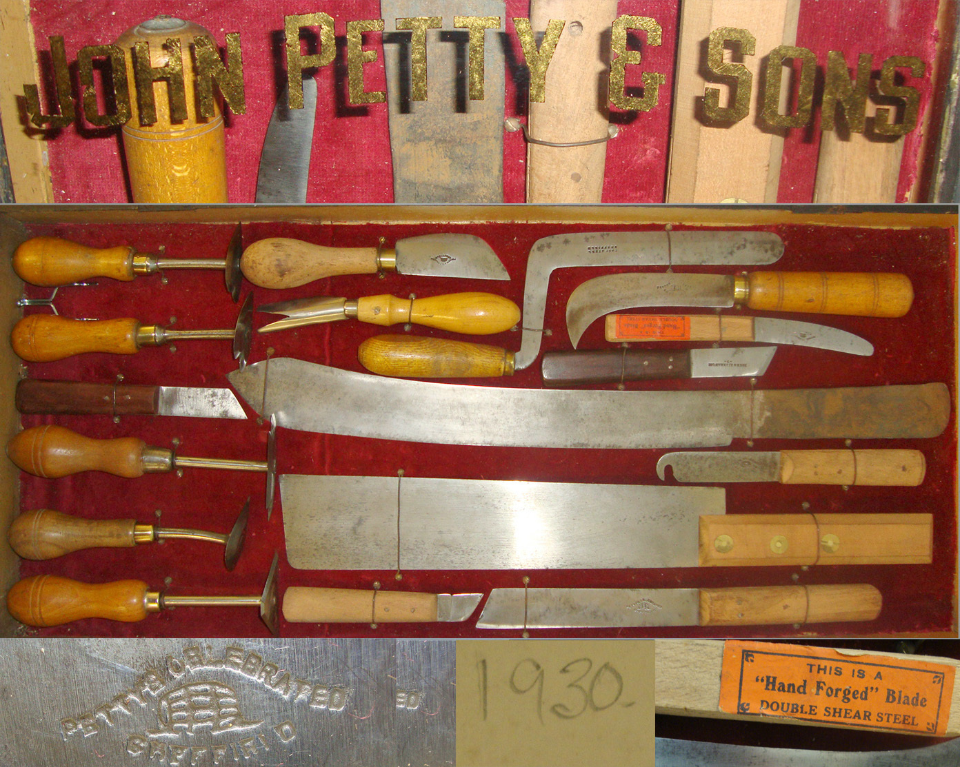 C1930’s Cased Iron Mongers / Cutlers Shop Window Display Of Various Knives & Tools For John Petty & Sons Sheffield With Original Illustrated John Petty & Sons Incorporating William Gregory & Sons, Joseph Mills, Trade Catalogue & Argyle Trade Leaflet. Knive