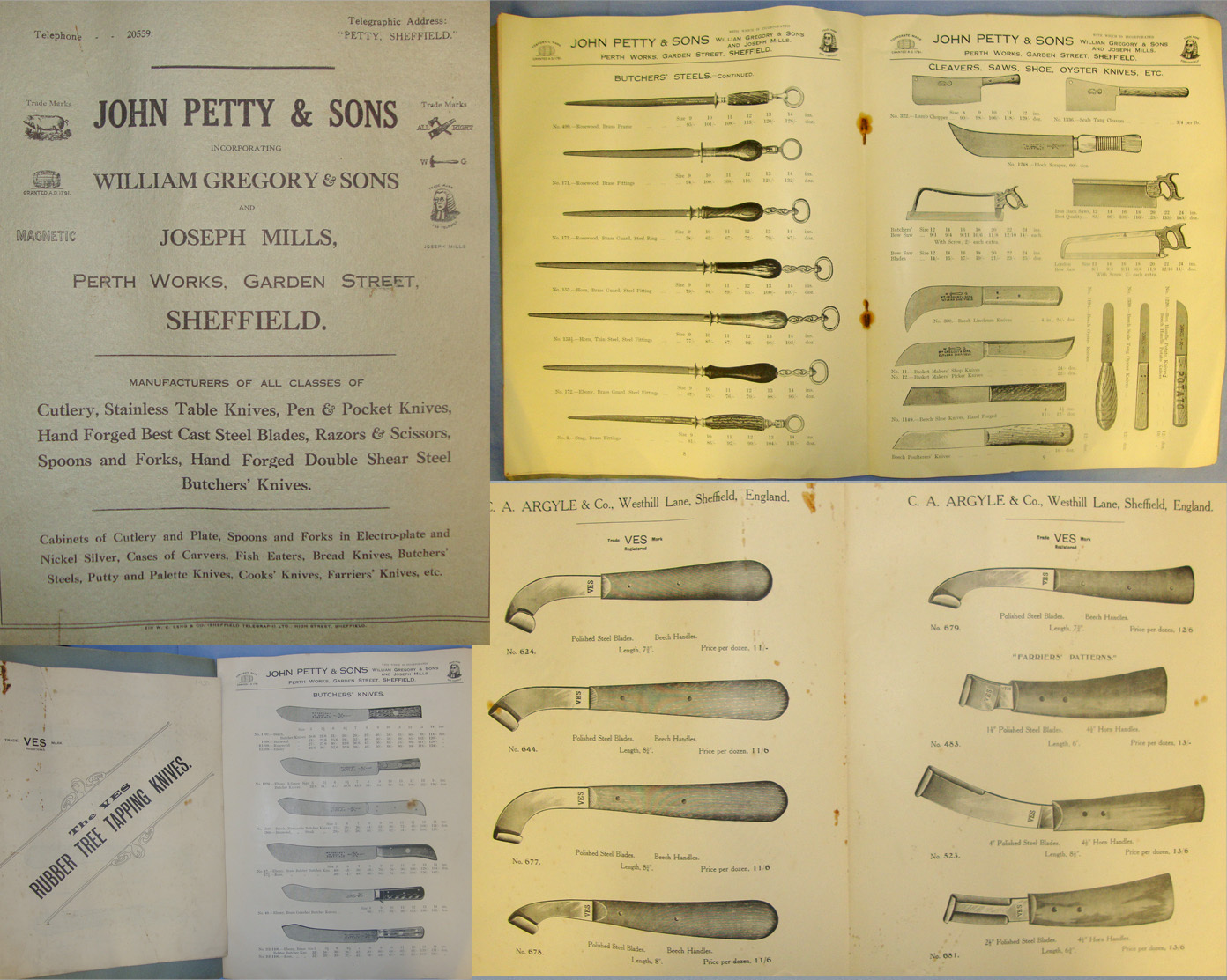  C1930’s Cased Iron Mongers / Cutlers Shop Window Display Of Various Knives & Tools For John Petty & Sons Sheffield With Original Illustrated John Petty & Sons Incorporating William Gregory & Sons, Joseph Mills, Trade Catalogue & Argyle Trade Leaflet. Knive