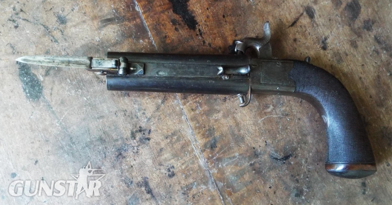 Collins of London Percussion double barrel turn-over bayonet pistol .50 Cal Muzzleloader Muzzleloader - {CATEGORY}
