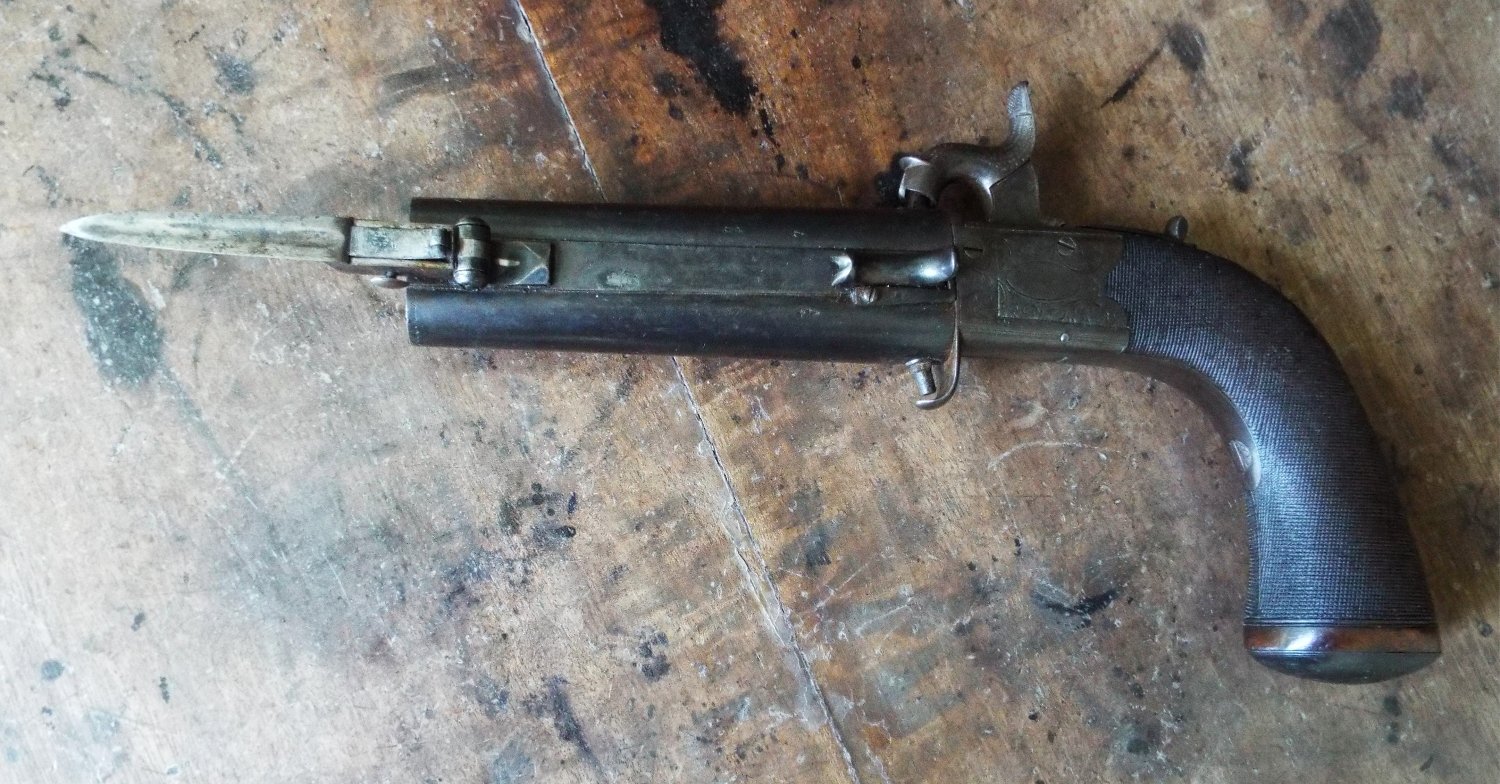 Collins of London Percussion double barrel turn-over bayonet pistol .50 Cal Muzzleloader Muzzleloader - {CATEGORY}