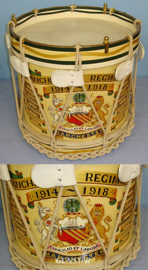 Commemorative For Display WW1 Manchester Regiment Hand Painted Regimental Side Drum With Painted Regiment Badge & Battle Honours. MISC 1001  Antique & Militaria in 