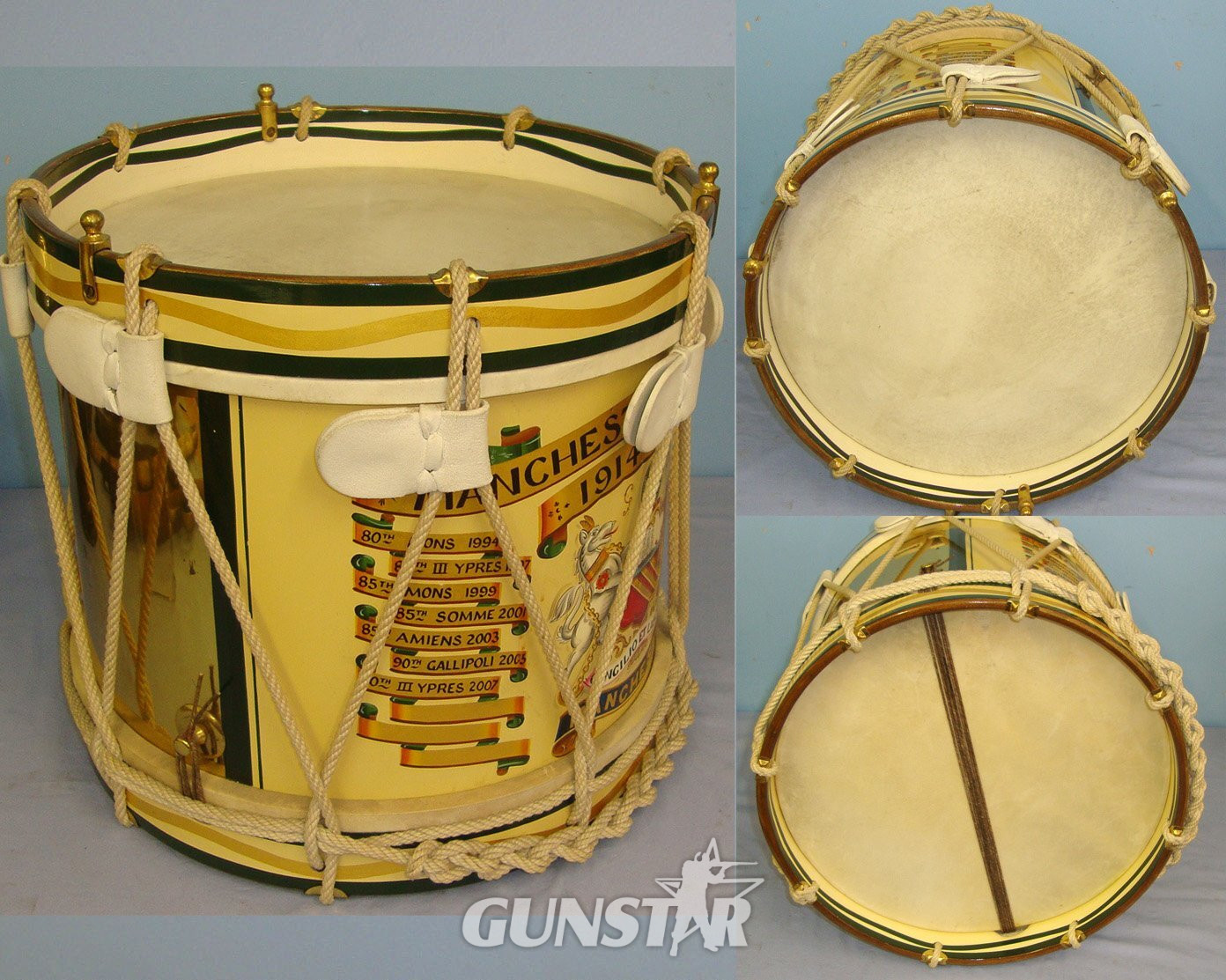Commemorative For Display WW1 Manchester Regiment Hand Painted Regimental Side Drum With Painted Regiment Badge & Battle Honours. MISC 1001  Antique & Militaria