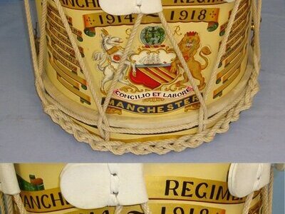 Commemorative For Display WW1 Manchester Regiment Hand Painted Regimental Side Drum With Painted Regiment Badge & Battle Honours. MISC 1001  Antique & Militaria