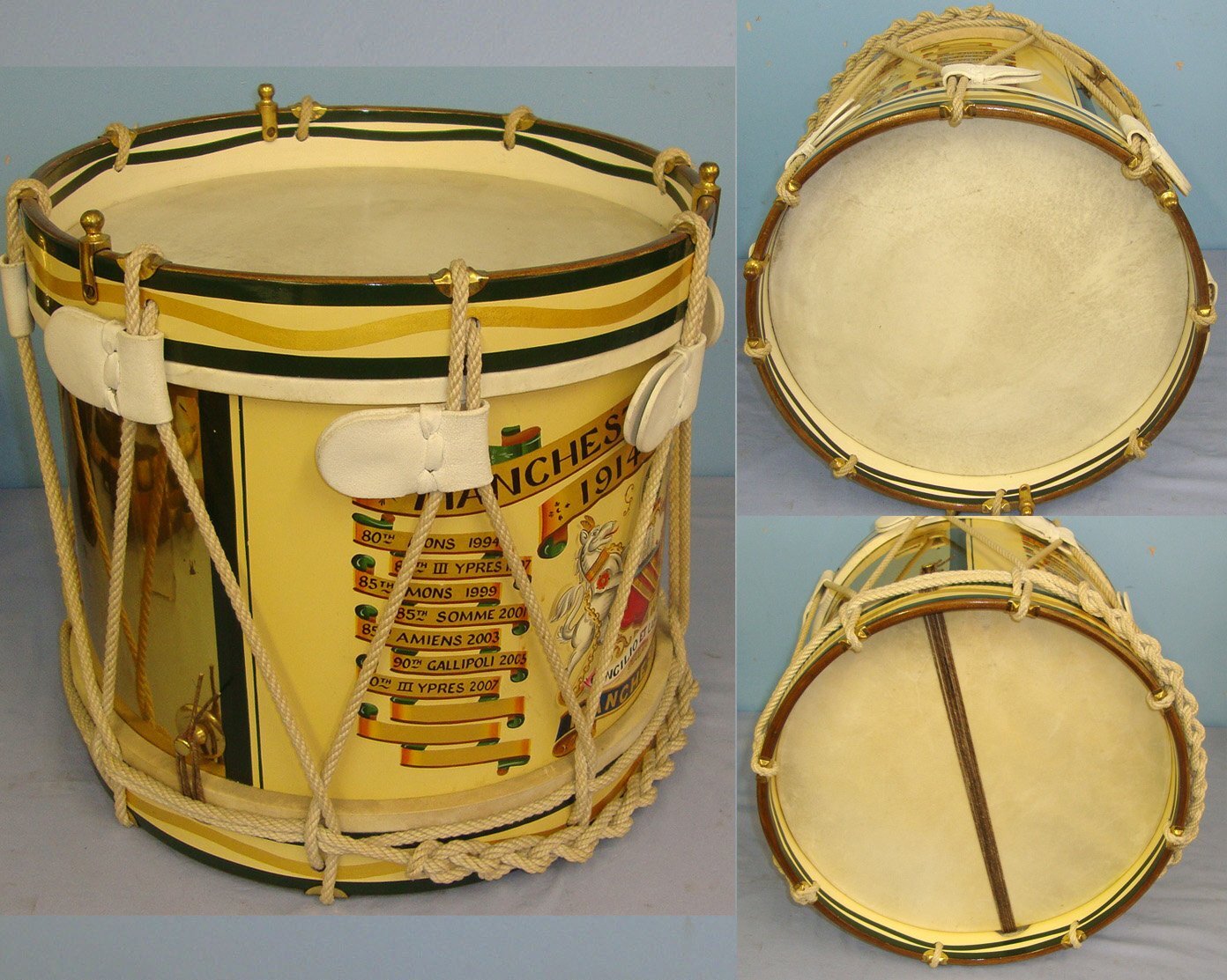 Commemorative For Display WW1 Manchester Regiment Hand Painted Regimental Side Drum With Painted Regiment Badge & Battle Honours. MISC 1001  Antique & Militaria