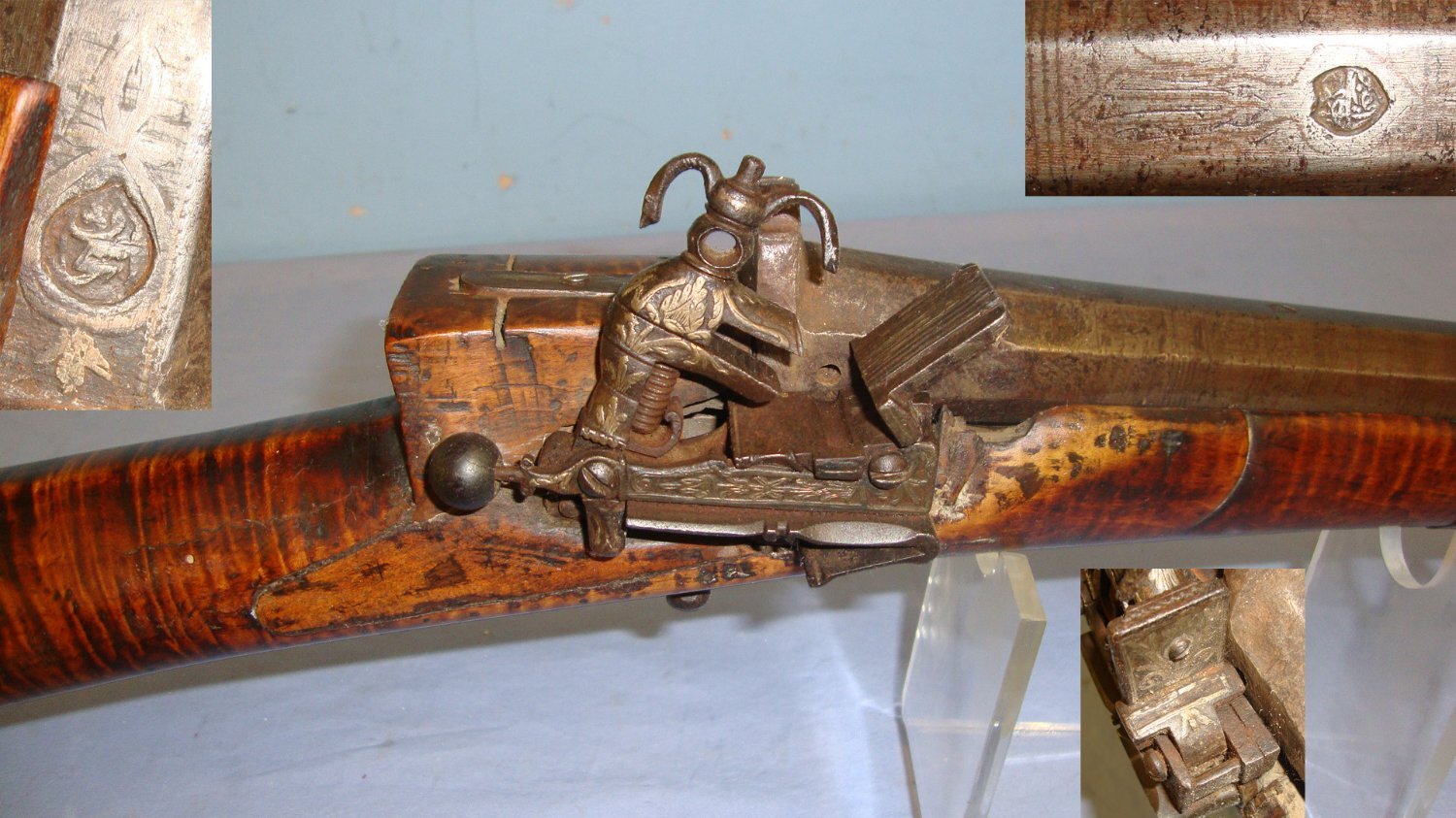 19th Century Ottoman Empire 24 Bore Miquelet Lock Rifle With Octagonal Barrel, Tiger Stripe Olive Or Palm Wood Stock, Silvered Hand Tooled Decoration, Action & Barrel Arabic Gunsmith / Family Signatures & Ram Rod. Sn 15226 Muzzleloader None Rifle
