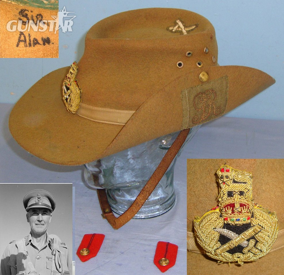 POSSIBLE SIR A.G CUNNINGHAM 8Th ARMY / DESERT RATS CONNECTION**WW2 1944 British General’s Tropical Slouch Bush Hat By Failsworth Hats Ltd, The Sweatband Marked ‘Sir Alan’. Sn 21968:5 And associated rank insignia Clothing in 