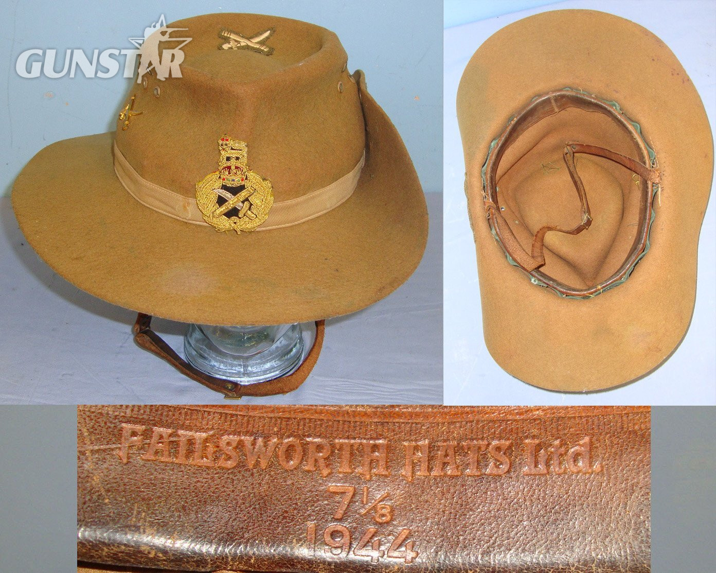 POSSIBLE SIR A.G CUNNINGHAM 8Th ARMY / DESERT RATS CONNECTION**WW2 1944 British General’s Tropical Slouch Bush Hat By Failsworth Hats Ltd, The Sweatband Marked ‘Sir Alan’. Sn 21968:5 And associated rank insignia Clothing