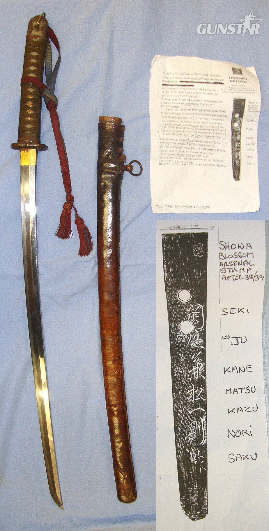 WW2 Japanese Officer's Shin-Gunto Seki Arsenal Katana Sword With Smith Signed Tang ‘Seki Ju Kane Matsu Kazu Nori Saku’, Showa Arsenal Blossom Stamp, Officer’s Rank Tassel Scabbard With Leather Field Combat Cover & Expert Assessment. Sn 23255 Sword in 