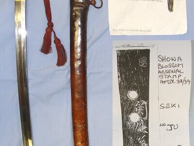 WW2 Japanese Officer's Shin-Gunto Seki Arsenal Katana Sword With Smith Signed Tang ‘Seki Ju Kane Matsu Kazu Nori Saku’, Showa Arsenal Blossom Stamp, Officer’s Rank Tassel Scabbard With Leather Field Combat Cover & Expert Assessment. Sn 23255 Sword