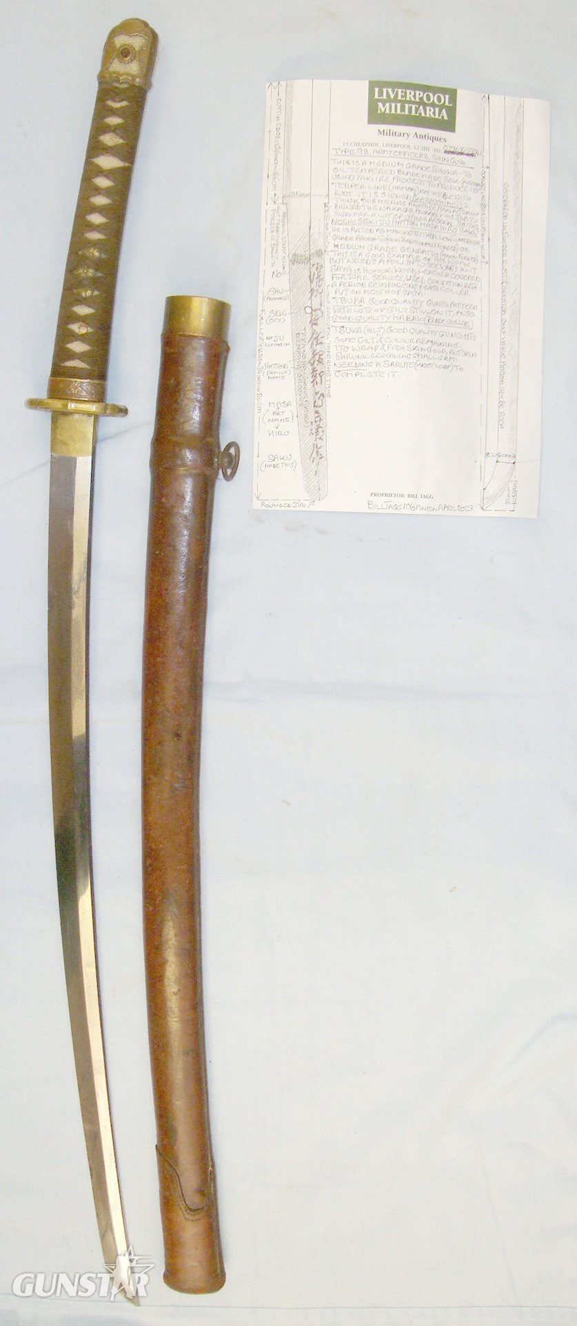 WWII Japanese Army Officer’s Type 98 Shin Gunto Seki Arsenal Sword with Smith Signature ‘NOSHU SEKI JU HATTORI MASA HIRO SAKU’, Scabbard with Leather War Service Cover & Expert Assessment. Sn 20599. Sword in 
