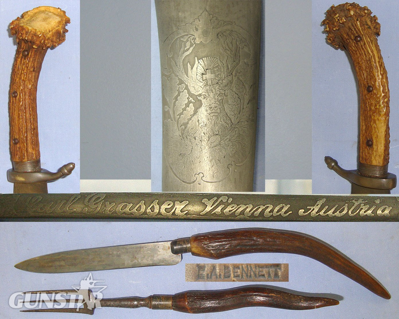 QUALITY**Late 19th / Early 20th Century Austrian Carl Grasser Vienna Stag Hunting Dagger / Sidearm With Heavy Butcher Blade, Solid Stag Antler Hilt, Etched Blade Original Leather Scabbard With Integral Belt Loop & Knife & Fork Accessories. ED 3034 Hunting Knive
