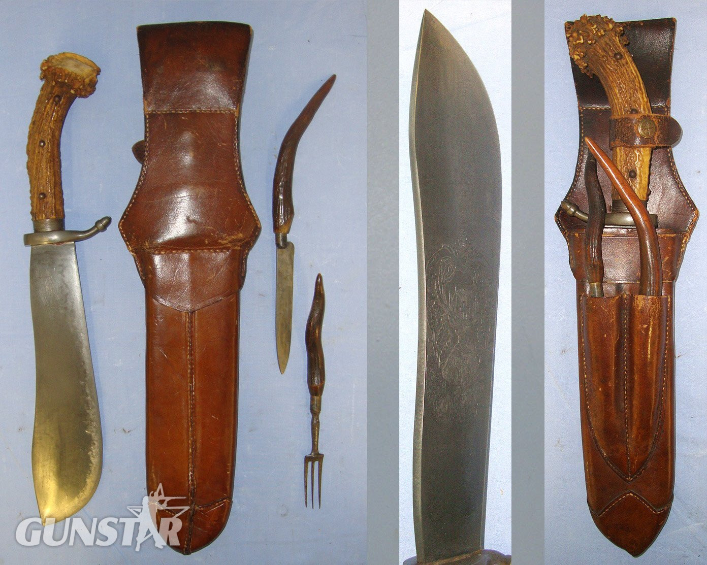  QUALITY**Late 19th / Early 20th Century Austrian Carl Grasser Vienna Stag Hunting Dagger / Sidearm With Heavy Butcher Blade, Solid Stag Antler Hilt, Etched Blade Original Leather Scabbard With Integral Belt Loop & Knife & Fork Accessories. ED 3034 Hunting Knive