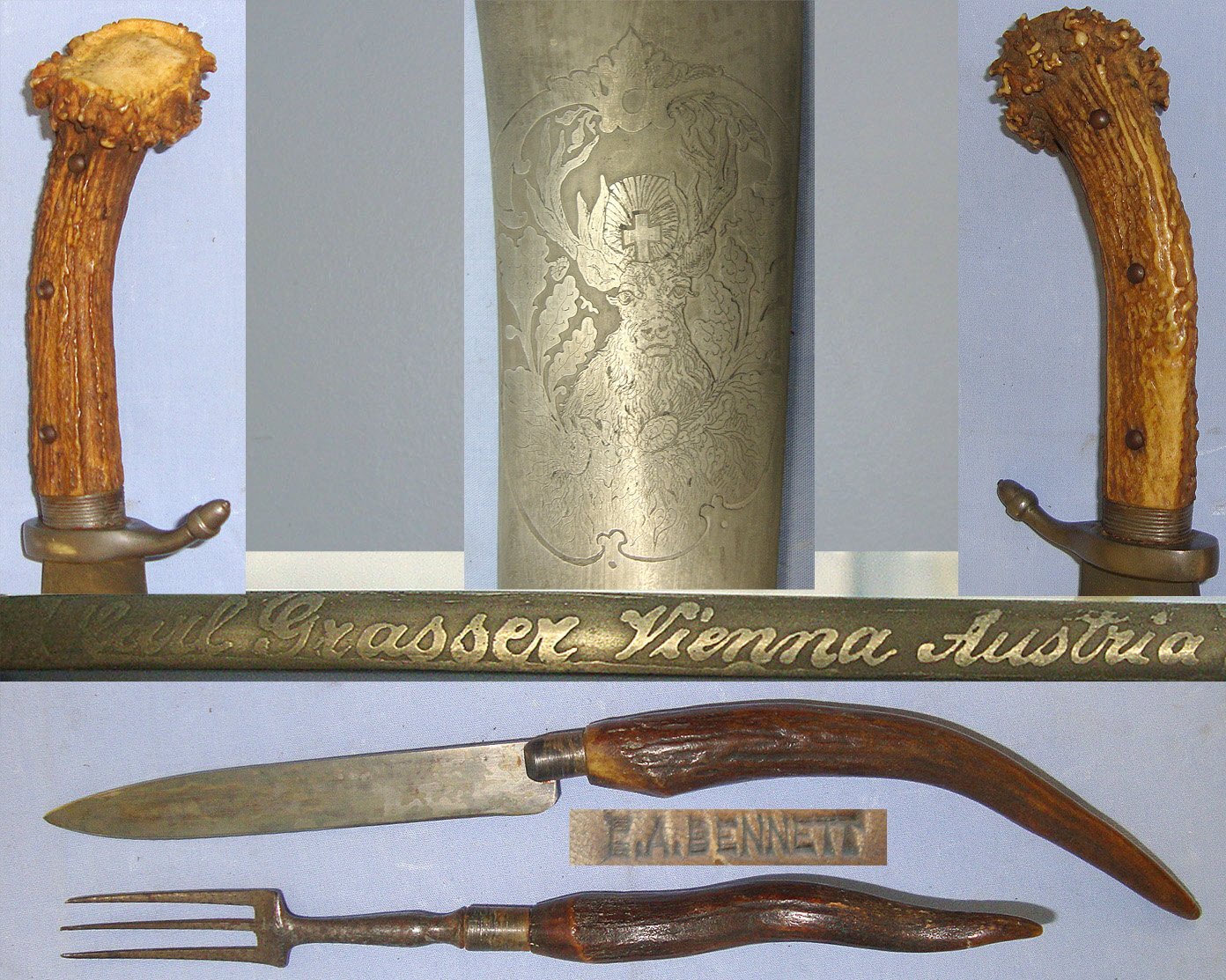 QUALITY**Late 19th / Early 20th Century Austrian Carl Grasser Vienna Stag Hunting Dagger / Sidearm With Heavy Butcher Blade, Solid Stag Antler Hilt, Etched Blade Original Leather Scabbard With Integral Belt Loop & Knife & Fork Accessories. ED 3034 Hunting Knive