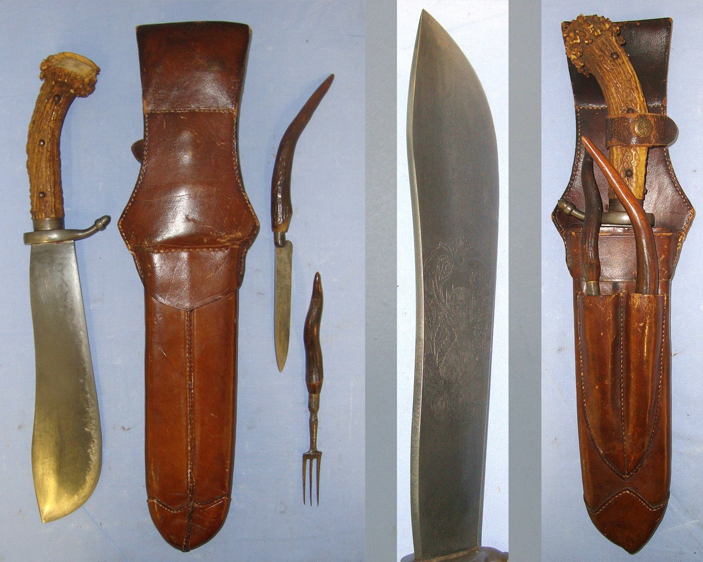  QUALITY**Late 19th / Early 20th Century Austrian Carl Grasser Vienna Stag Hunting Dagger / Sidearm With Heavy Butcher Blade, Solid Stag Antler Hilt, Etched Blade Original Leather Scabbard With Integral Belt Loop & Knife & Fork Accessories. ED 3034 Hunting Knive