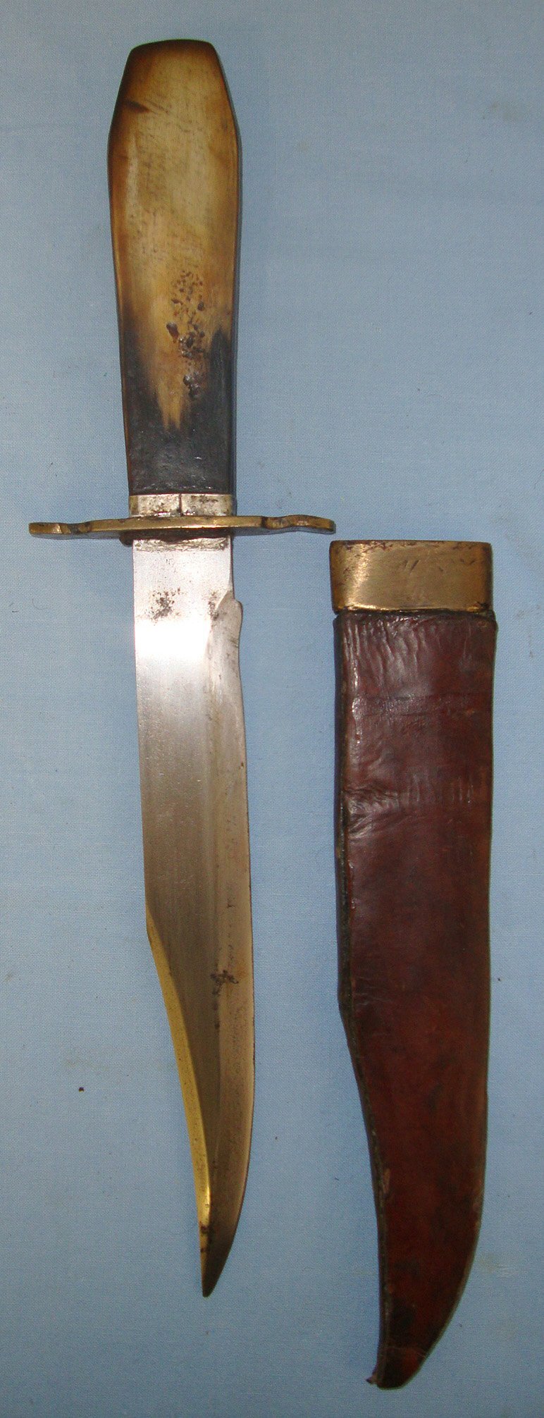  Victorian C1840 English Sheffield Trade Polished Horn Coffin Handle American Frontier Era, Expedition Bowie Belt Knife & Scabbard. Sn 21525 Knive